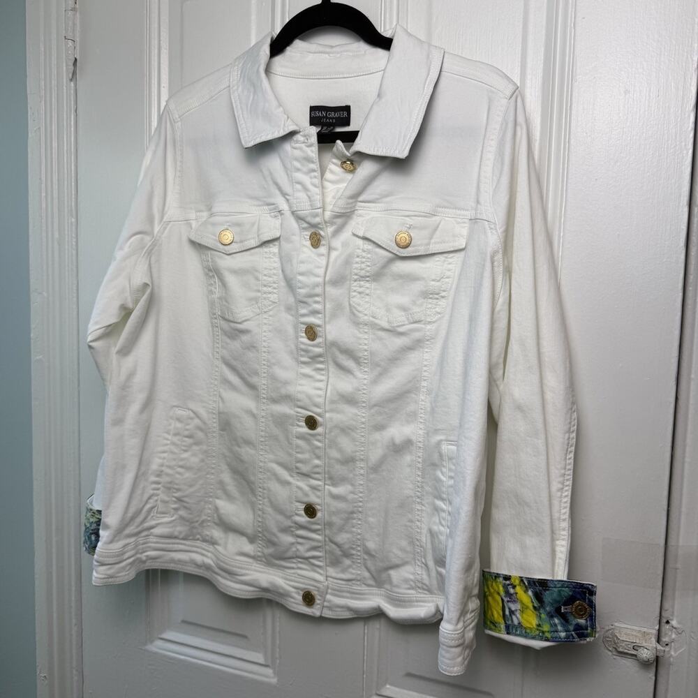 Susan Graver White Denim Jacket Printed Lining Size 1X NWOT Flip Collar